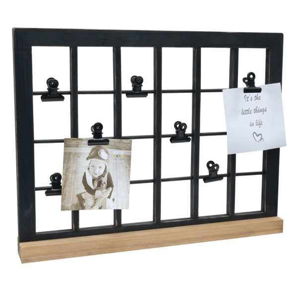 Galerielijst in zwart met clips en houten staander 